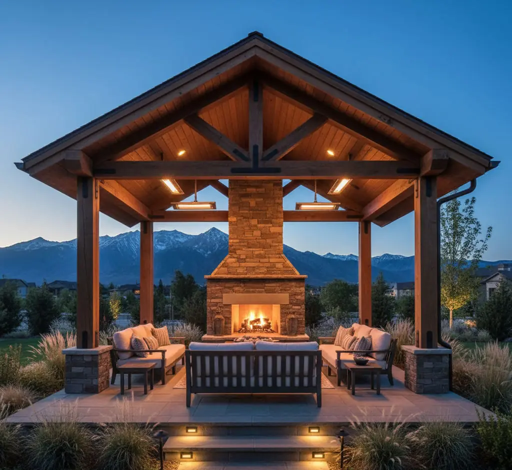 Elegant covered outdoor living room in Salt Lake City featuring stone fireplace, ambient lighting, and comfortable seating with mountain views.