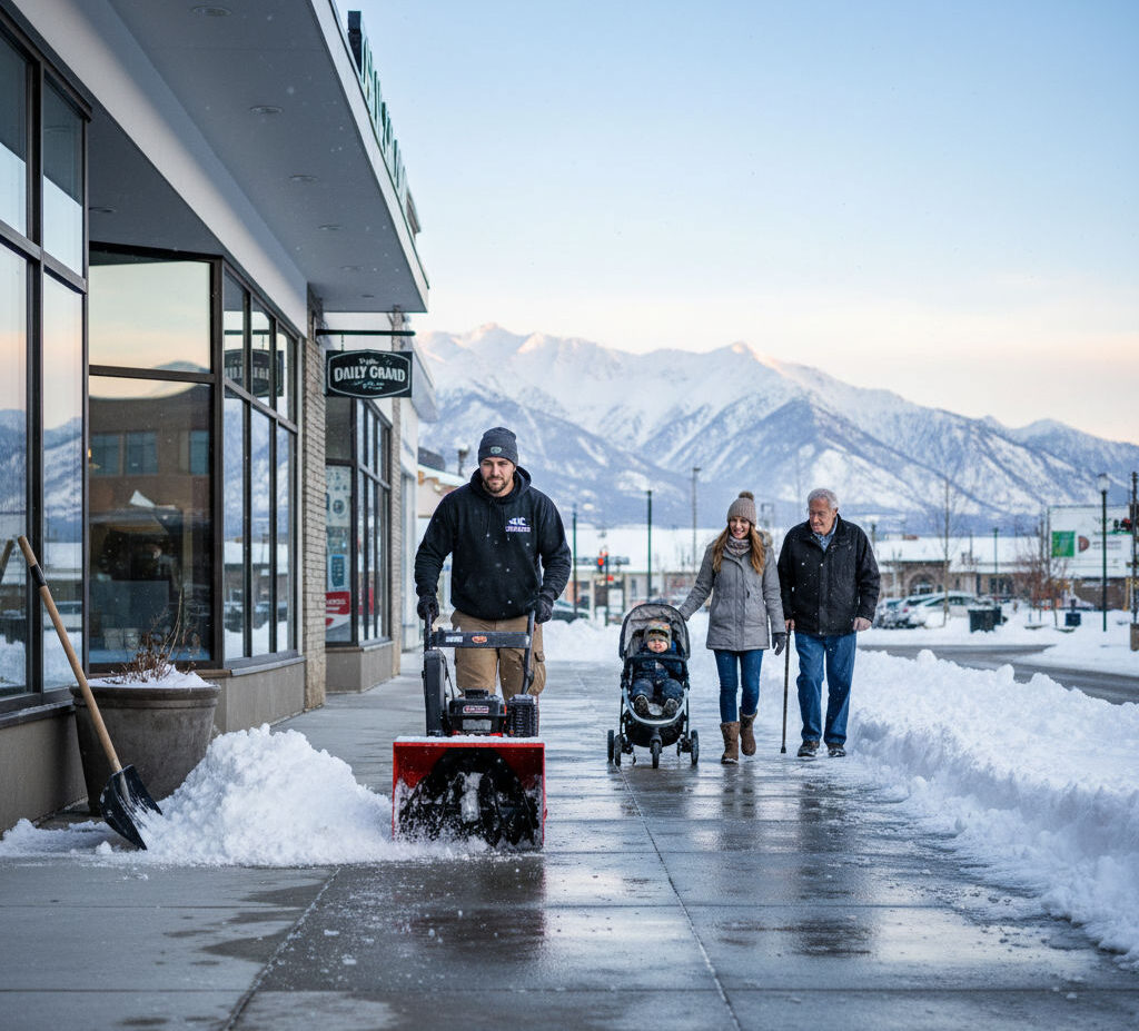 Commercial snow removal worker clearing business sidewalk in Salt Lake City ensuring customer safety and slip-and-fall prevention