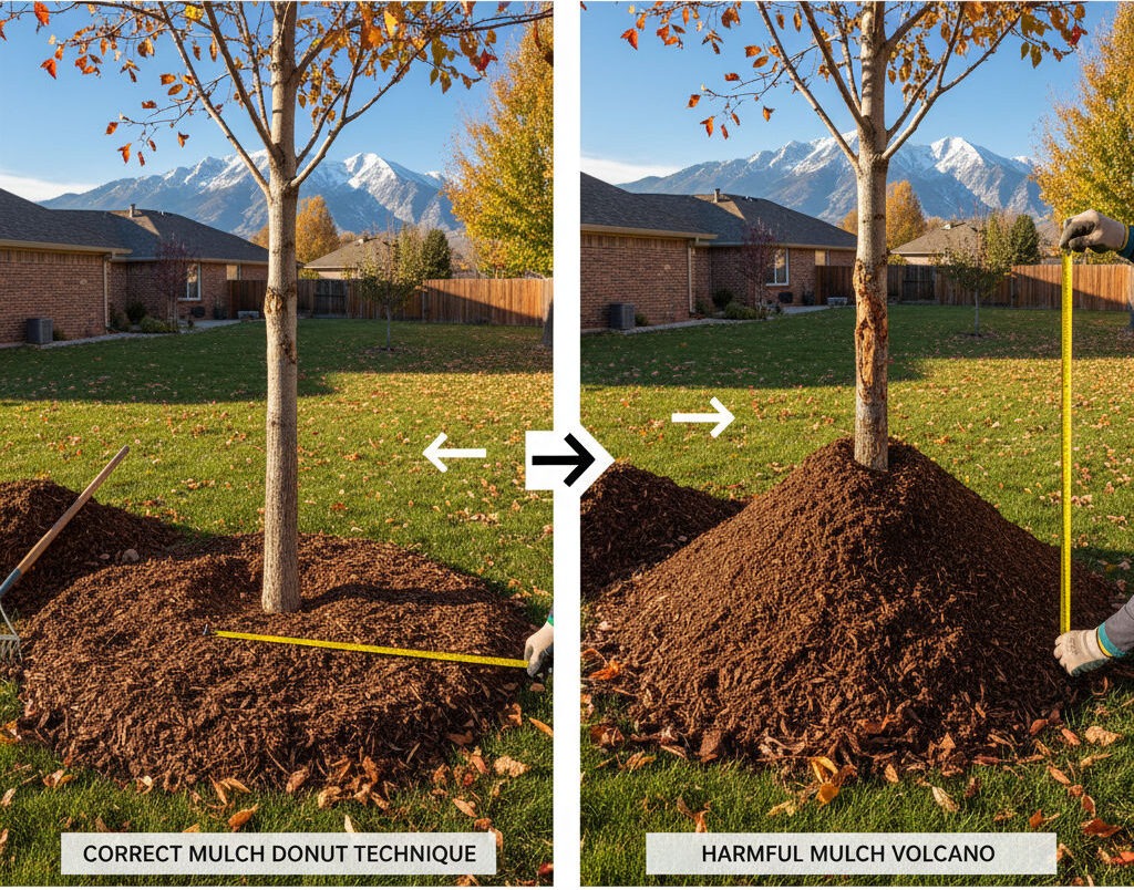 Side-by-side comparison showing proper donut-shaped mulching versus harmful mulch volcano around trees during fall yard cleanup Salt Lake City