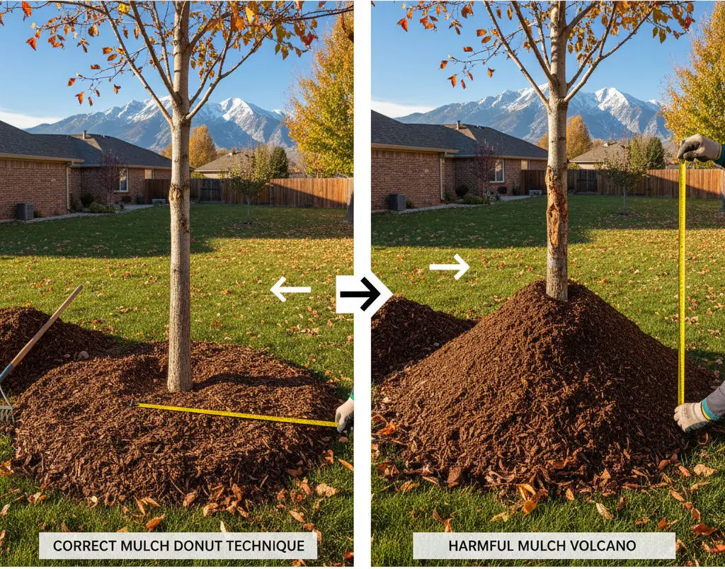 Side-by-side comparison showing proper donut-shaped mulching versus harmful mulch volcano around trees during fall yard cleanup Salt Lake City