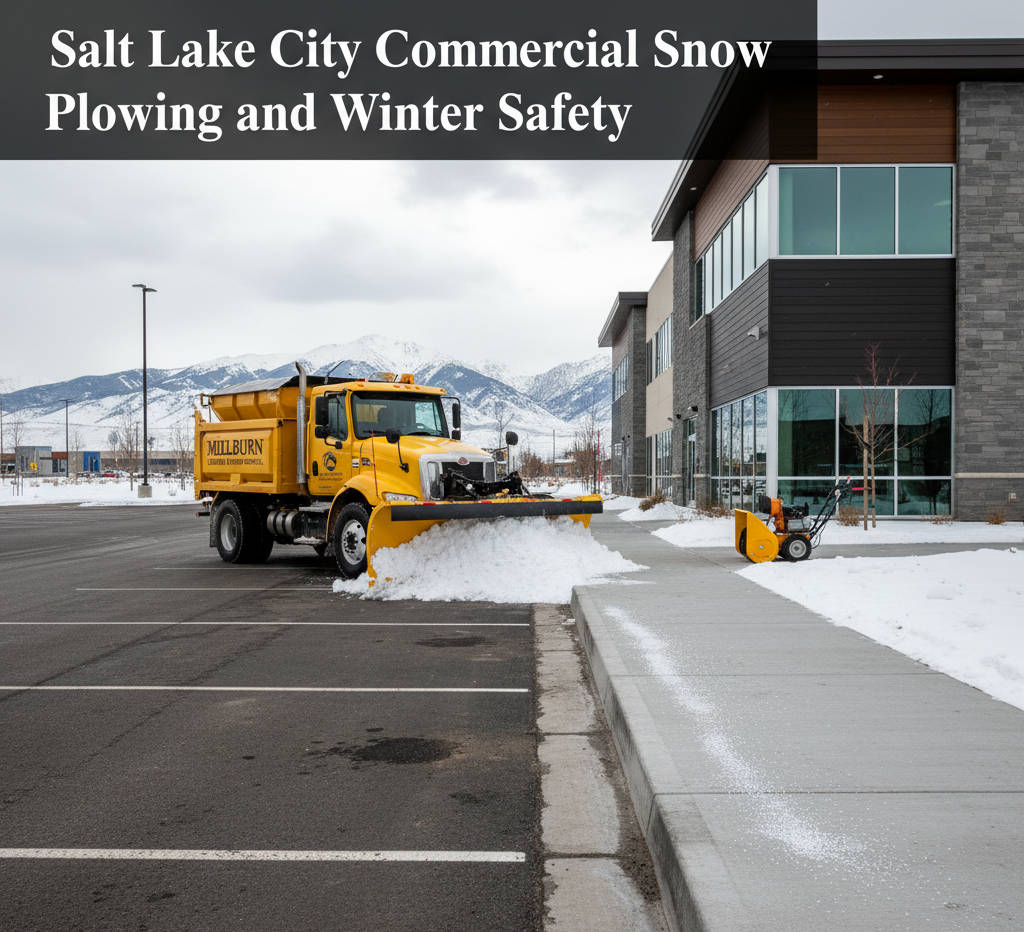 A professional snow plow clearing a parking lot of a commercial building in Salt Lake City, Utah, with clear sidewalks