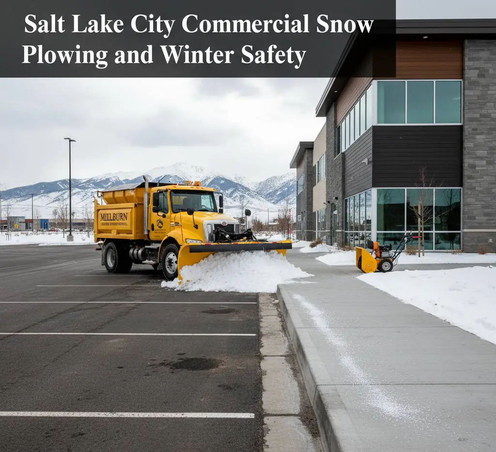 A professional snow plow clearing a parking lot of a commercial building in Salt Lake City, Utah, with clear sidewalks