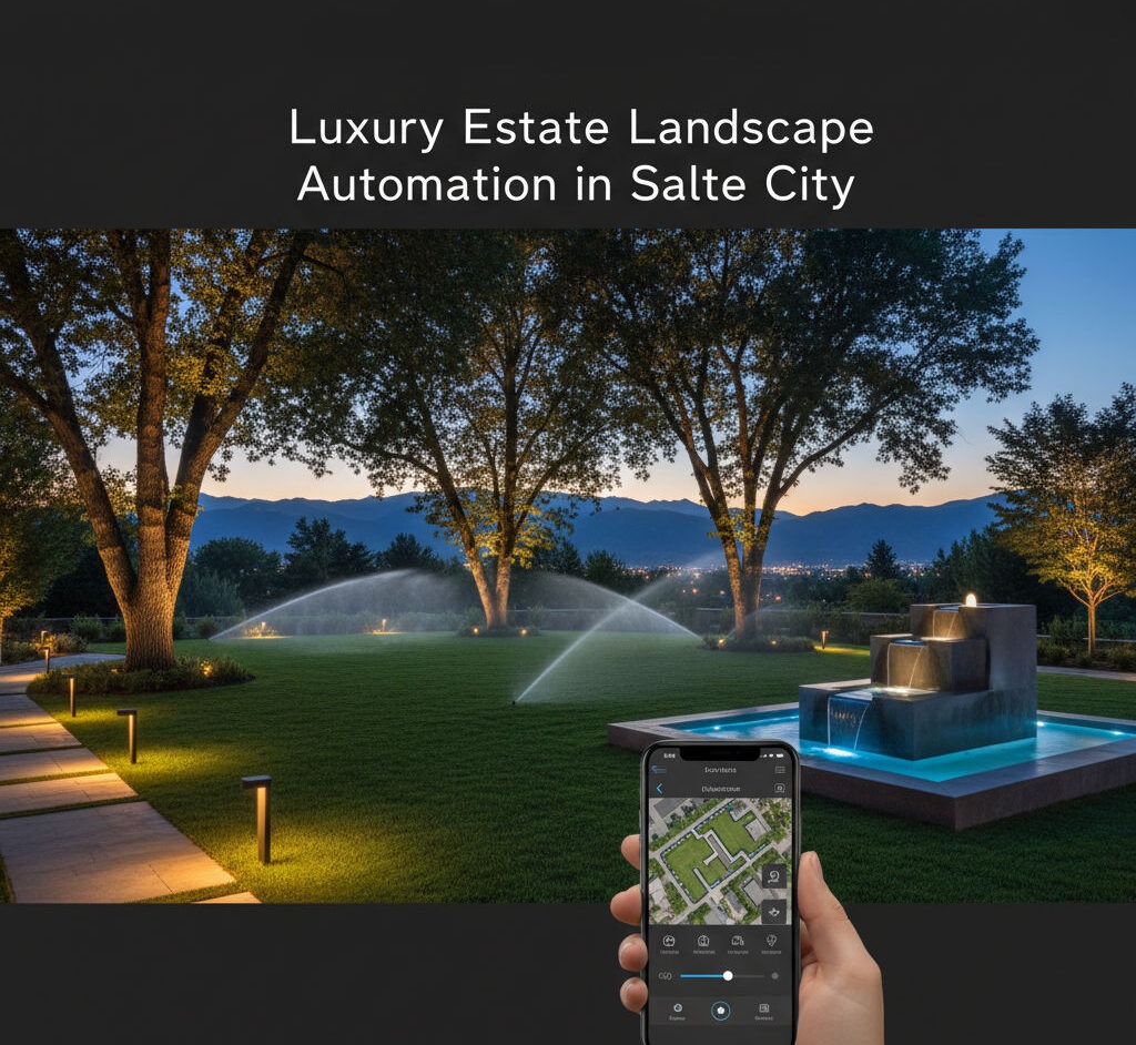 Smart irrigation and outdoor lighting in Salt Lake City estate with automated sprinklers, water features, and app-controlled lighting.