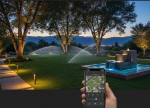 Smart irrigation and outdoor lighting in Salt Lake City estate with automated sprinklers, water features, and app-controlled lighting.