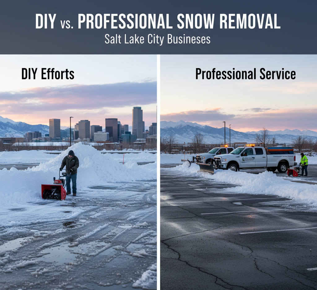 Comparison of DIY and professional snow removal showing Millburn crews clearing a commercial property in Salt Lake City before sunrise.