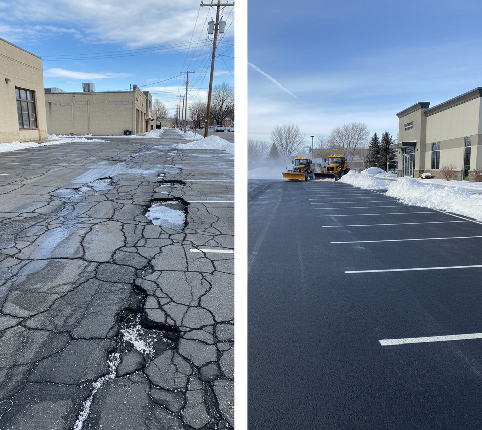 Commercial parking lot in Salt Lake City showing asphalt cracking from Utah’s freeze-thaw cycle.
