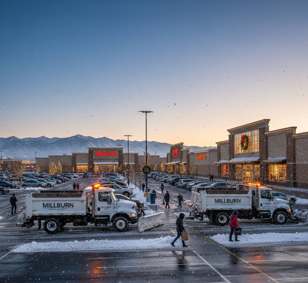 Professional snow removal team clearing a busy retail parking lot in Salt Lake City at dawn during the holiday season.