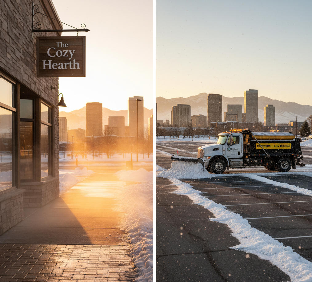 Comparison of heated sidewalk system and professional snow removal crew clearing a commercial property in Salt Lake City.