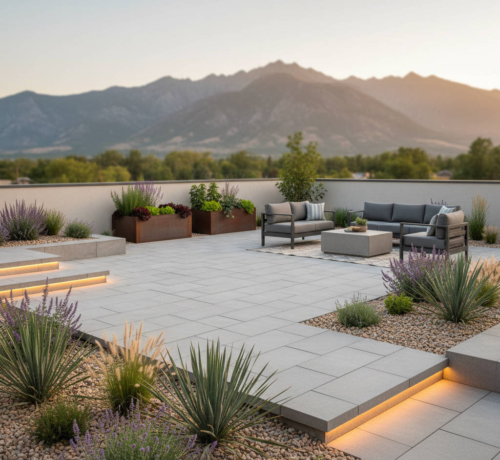 Modern Salt Lake City backyard designed by a professional landscape designer with a paver patio, xeriscape plants, decorative gravel, raised garden beds, and Utah mountains in the background at sunset.