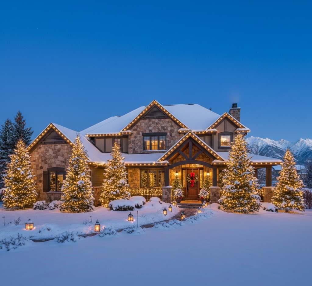 Professionally designed outdoor Christmas scene with lights, greenery, and decorations at a Salt Lake City home