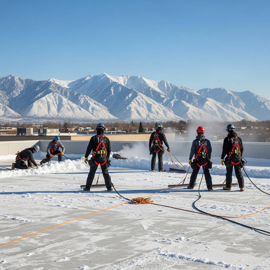 Professional crew performing commercial roof snow removal and ice dam prevention in Salt Lake City, Utah.