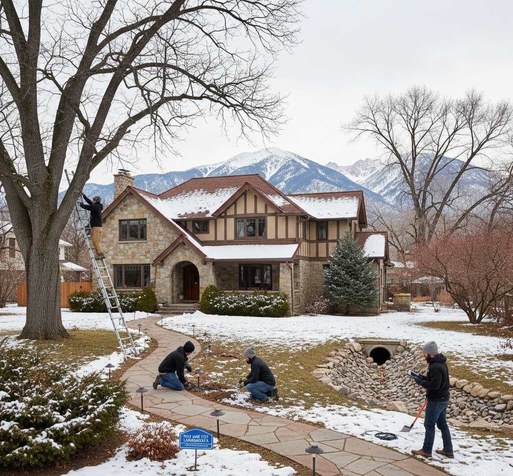 Winter landscaping work including tree pruning, landscape lighting, and drainage preparation at a Salt Lake City home