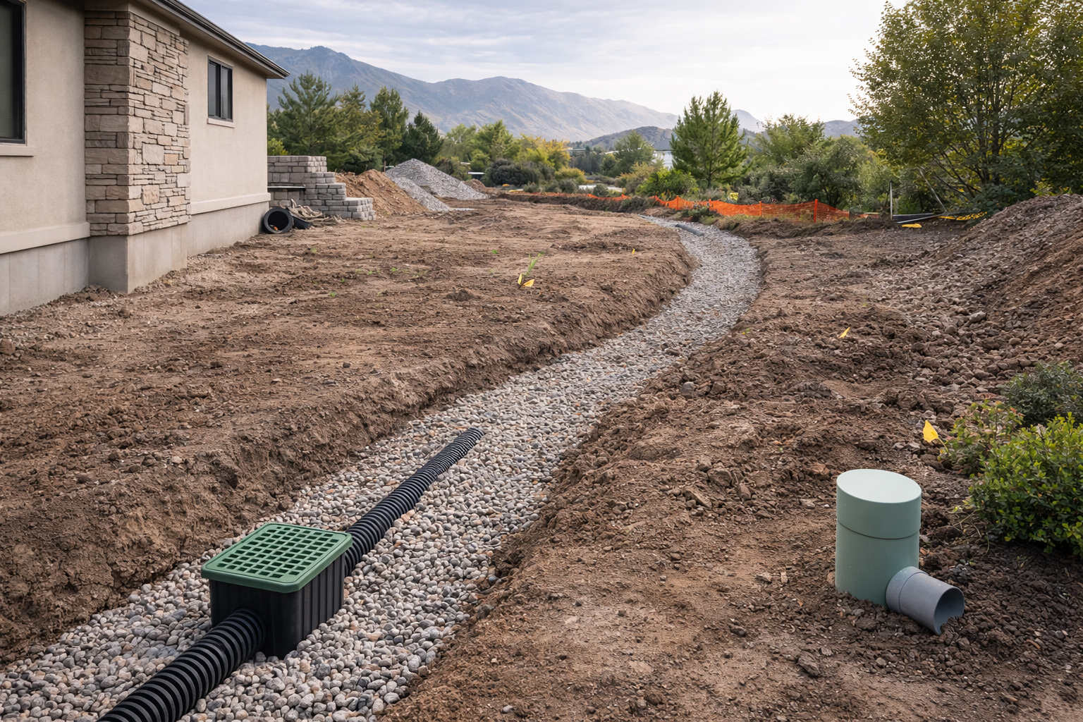 Landscape professional addressing drainage and grading issues in a West Jordan Utah backyard