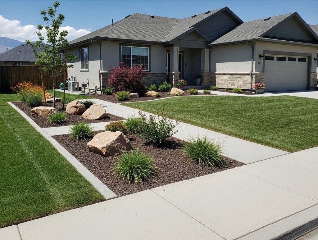 Water-wise landscape with drought-tolerant plants and minimal lawn in Daybreak Utah