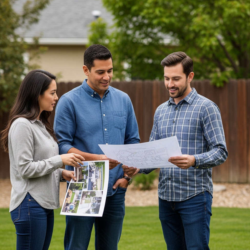 Homeowner meeting with landscape designer reviewing plans in a Salt Lake City backyard