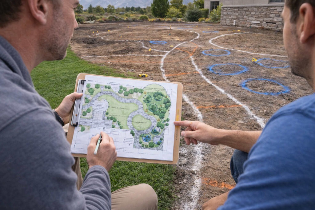 Landscape designer planning patio, walkway, and plant placement for a West Jordan Utah home