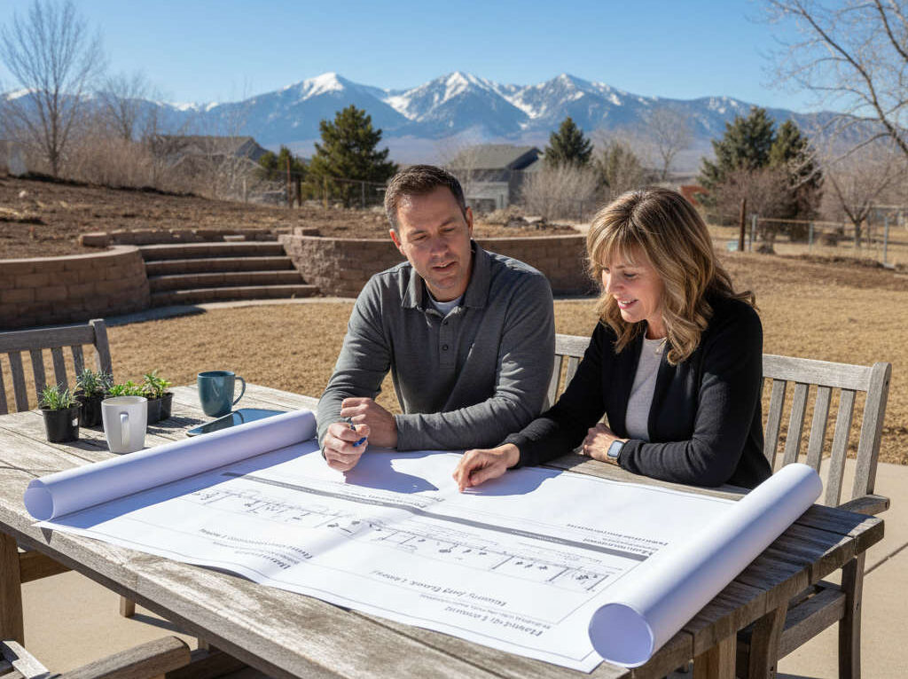Landscape designer reviewing plans and timeline for a Salt Lake City residential yard