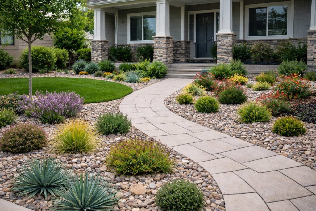 Modern low-maintenance landscape with hardscape and drought-tolerant plants in Daybreak Utah