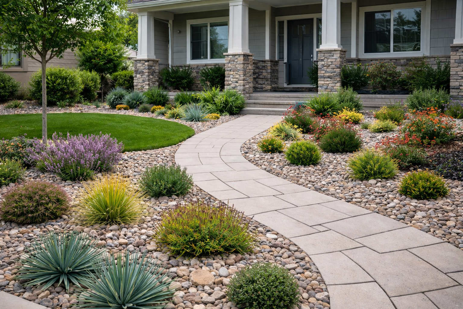 Modern low-maintenance landscape with hardscape and drought-tolerant plants in Daybreak Utah