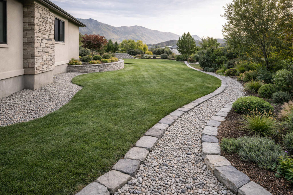 Residential yard in West Jordan Utah with professional drainage and grading directing water away from the home