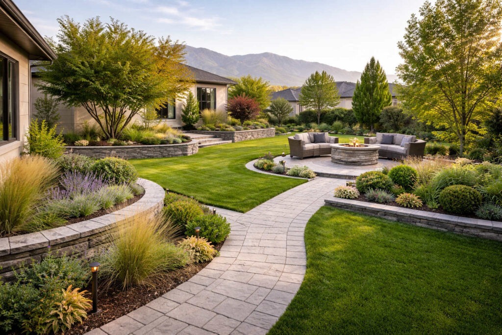 Professionally designed residential landscape in West Jordan Utah with structured plant placement and hardscape features