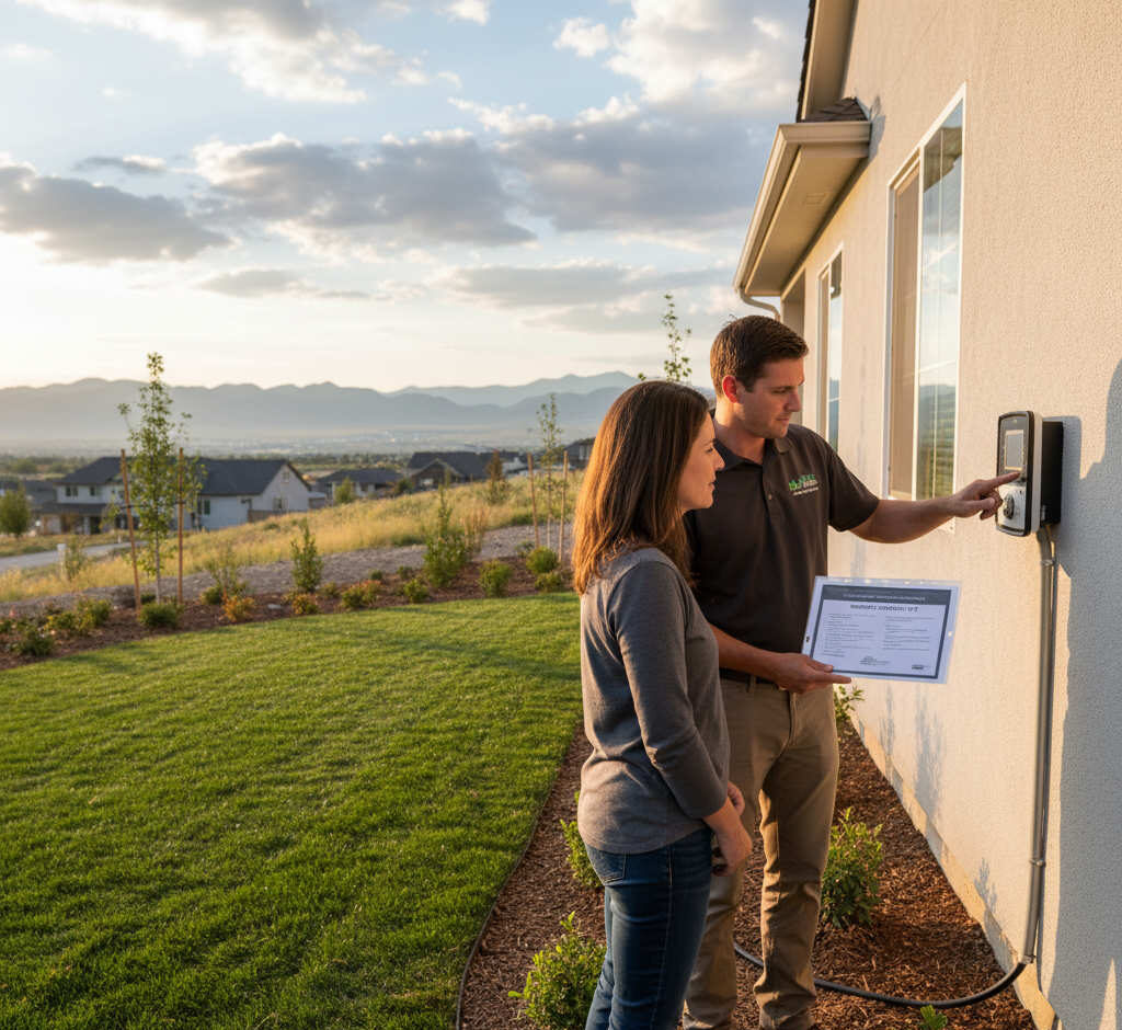 Landscape professional reviewing care instructions with South Jordan homeowner after installation