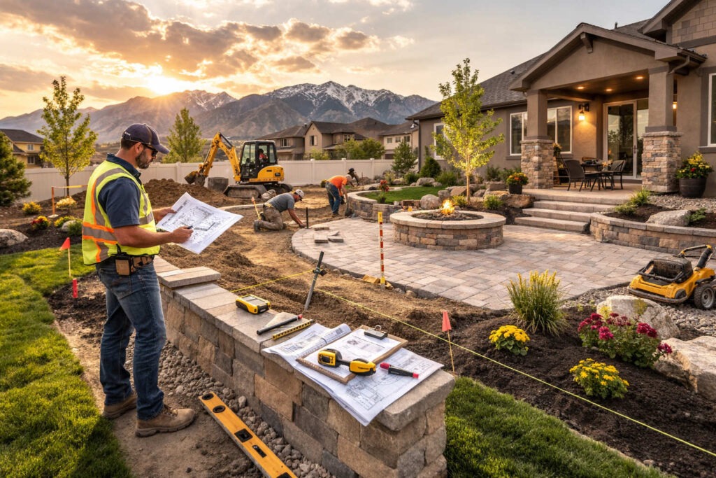 Landscape project manager inspecting patio installation at South Jordan Utah home