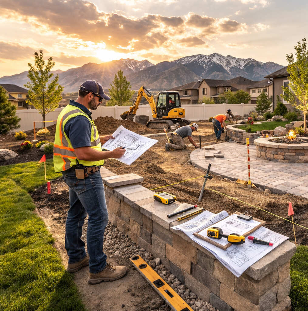 Landscape project manager inspecting patio installation at South Jordan Utah home