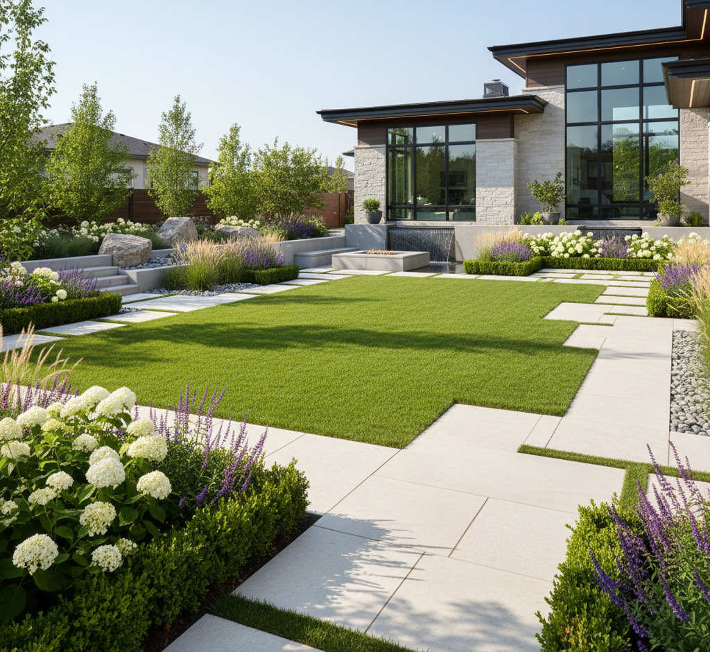 Professionally designed and installed residential landscape in South Jordan Utah with stone paths and lawn