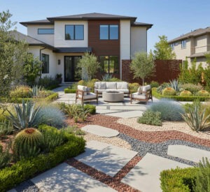 Low maintenance modern landscape design with stone pathway and drought-tolerant plants in South Jordan Utah