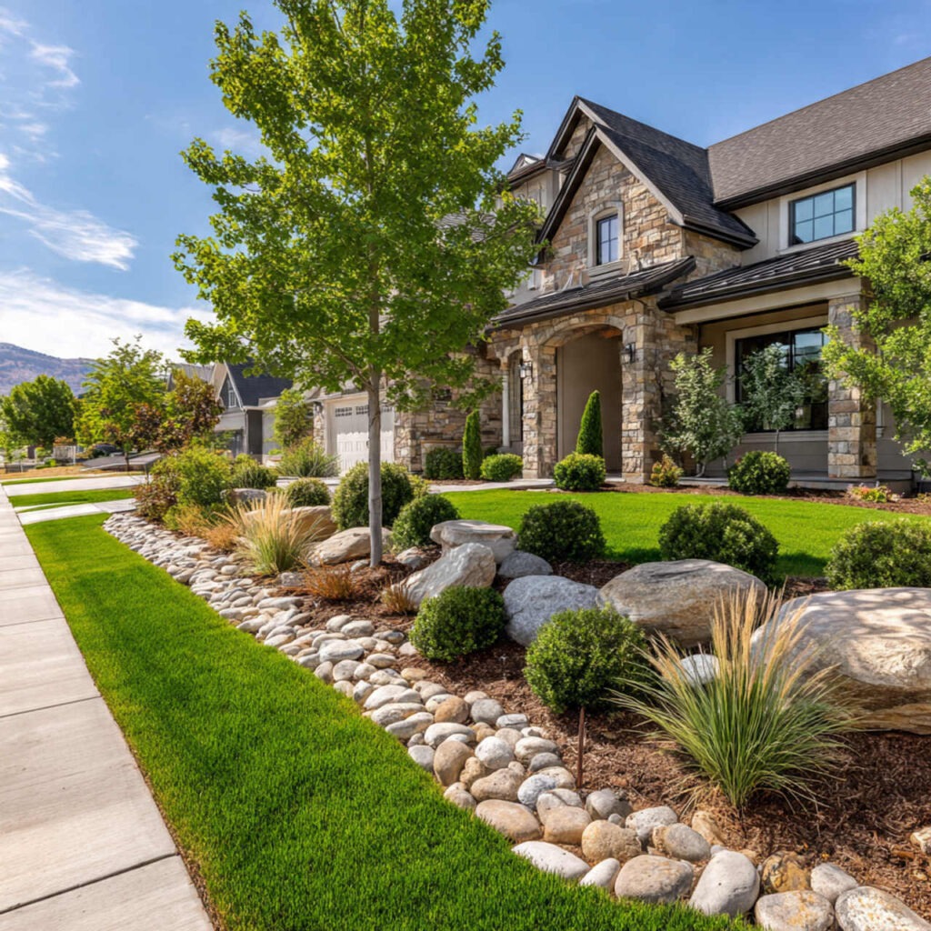 Newly installed residential landscape with fresh sod and plants in South Jordan Utah