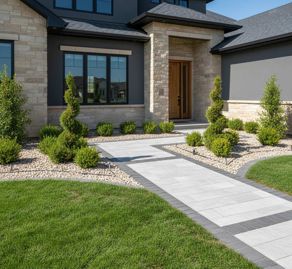 Professionally installed residential landscape with pavers, lawn, and shrubs in South Jordan Utah