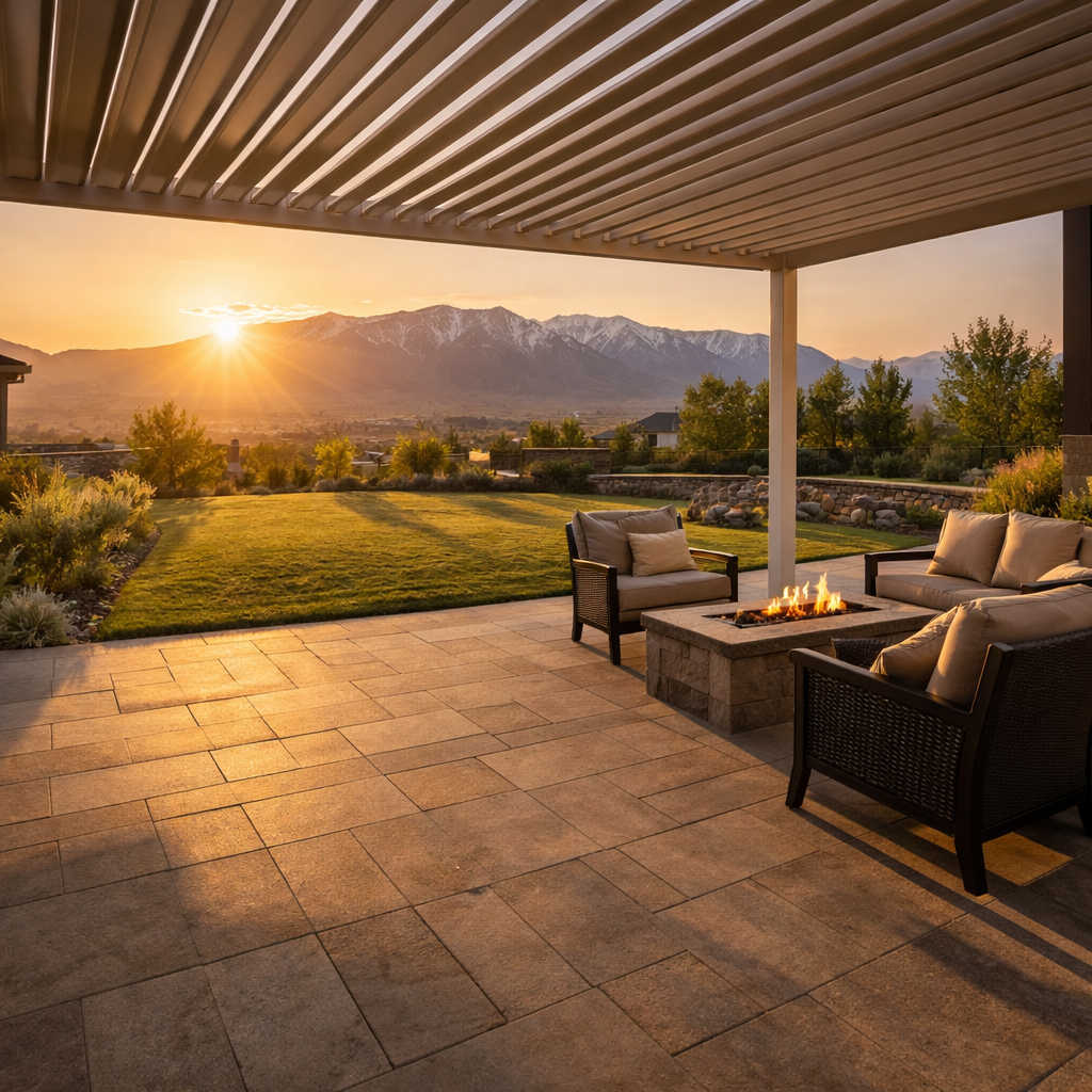 A Herriman Utah backyard patio with louvered pergola casting afternoon shade while Oquirrh Mountains are visible in the background at golden hour