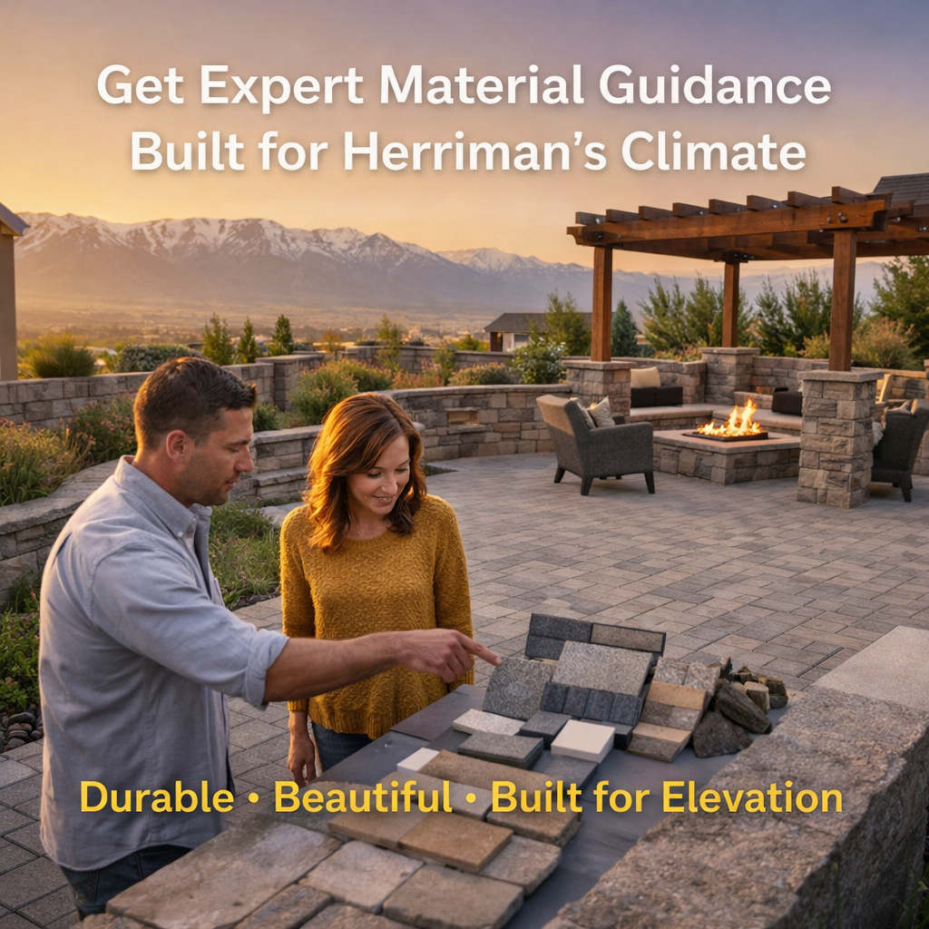 Landscape designer showing paver and stone samples to homeowner in a Herriman Utah backyard with pergola and patio