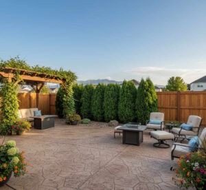 A stunning South Jordan Utah backyard featuring a 6-foot cedar board-on-board privacy fence surrounded by lush arborvitae hedges and a pergola patio