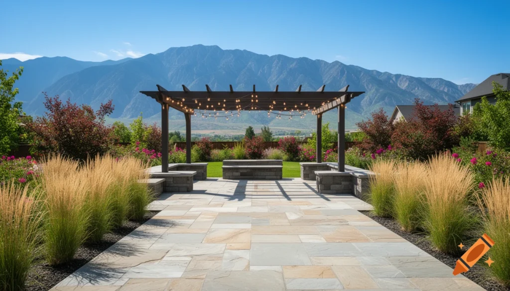 Professional landscape design in Saratoga Springs Utah featuring a patio, drought-tolerant plants, and Wasatch Mountain views