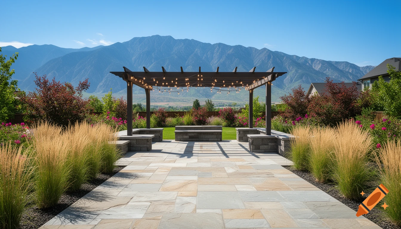 Professional landscape design in Saratoga Springs Utah featuring a patio, drought-tolerant plants, and Wasatch Mountain views