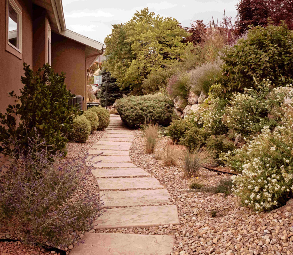 Water-wise landscaping design with drought-tolerant plants and drip irrigation in a Herriman Utah residential yard