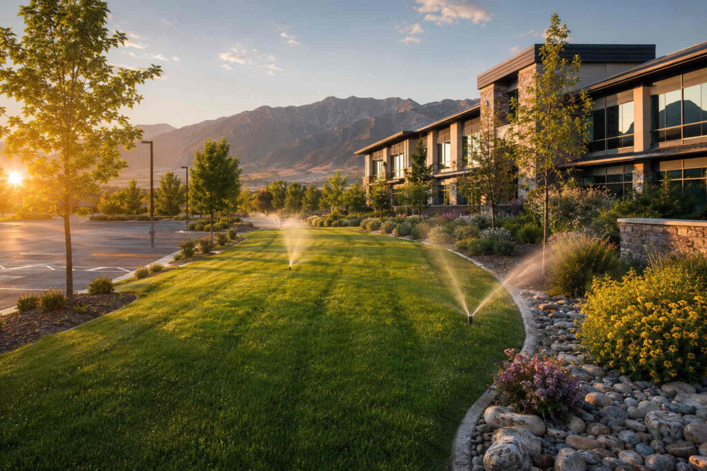 Professional commercial landscaping maintenance at a business property in Saratoga Springs Utah with green lawns and clean landscape design