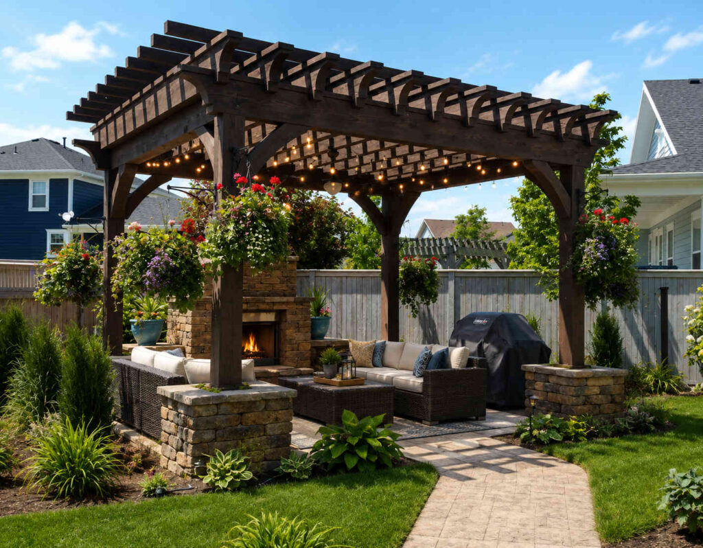 Custom backyard pergola patio with outdoor fireplace, seating area, and professional landscape design in Saratoga Springs, Utah