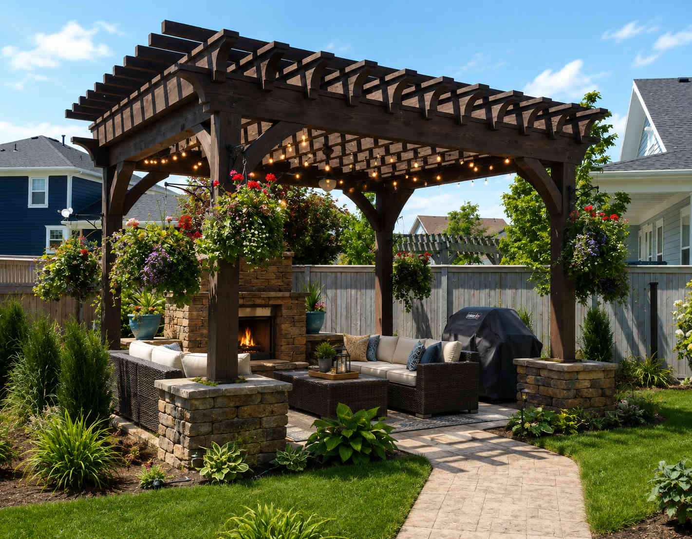 Custom backyard pergola patio with outdoor fireplace, seating area, and professional landscape design in Saratoga Springs, Utah