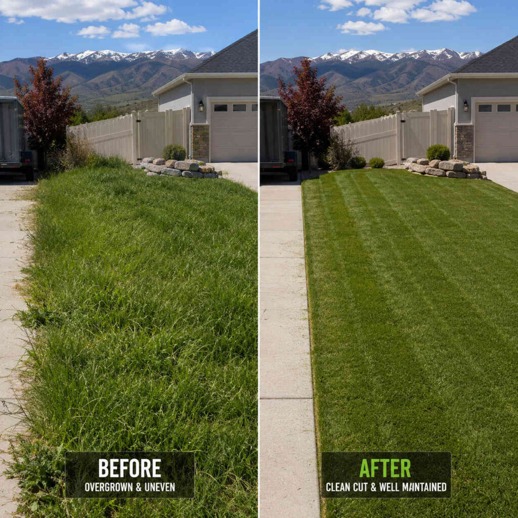 Split image showing an overgrown Eagle Mountain Utah lawn before Millburn mowing service versus neatly maintained lawn after professional mowing