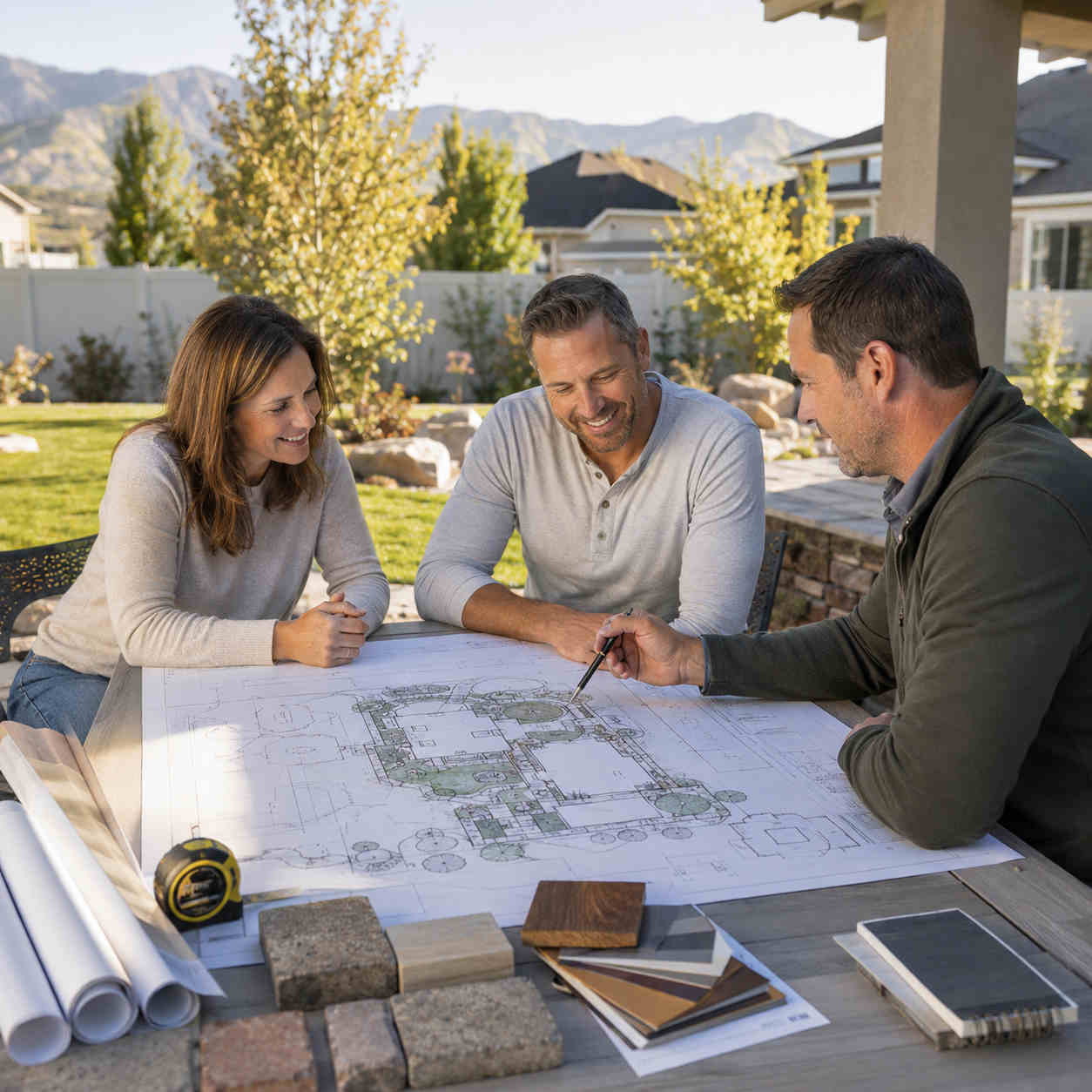 Professional landscape contractor reviewing a custom landscape design blueprint with a homeowner in a Bluffdale, Utah backyard before construction begins, with a partially completed landscape transitioning into a finished patio, lawn, trees, and irrigation system.