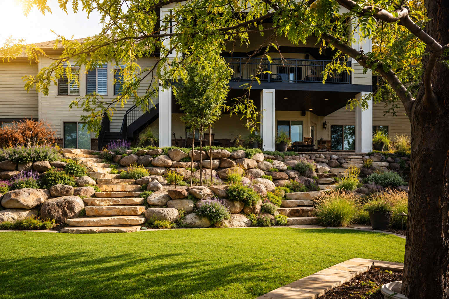 Custom landscape design with stone patio, native plantings, and retaining wall in a Draper Utah backyard with Wasatch Mountain views