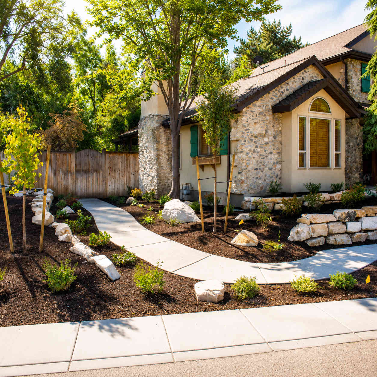 A stunning Holladay Utah front yard landscape design with no grass featuring lavender, Russian sage, ornamental grasses, and flagstone pathway with Wasatch Mountains behind