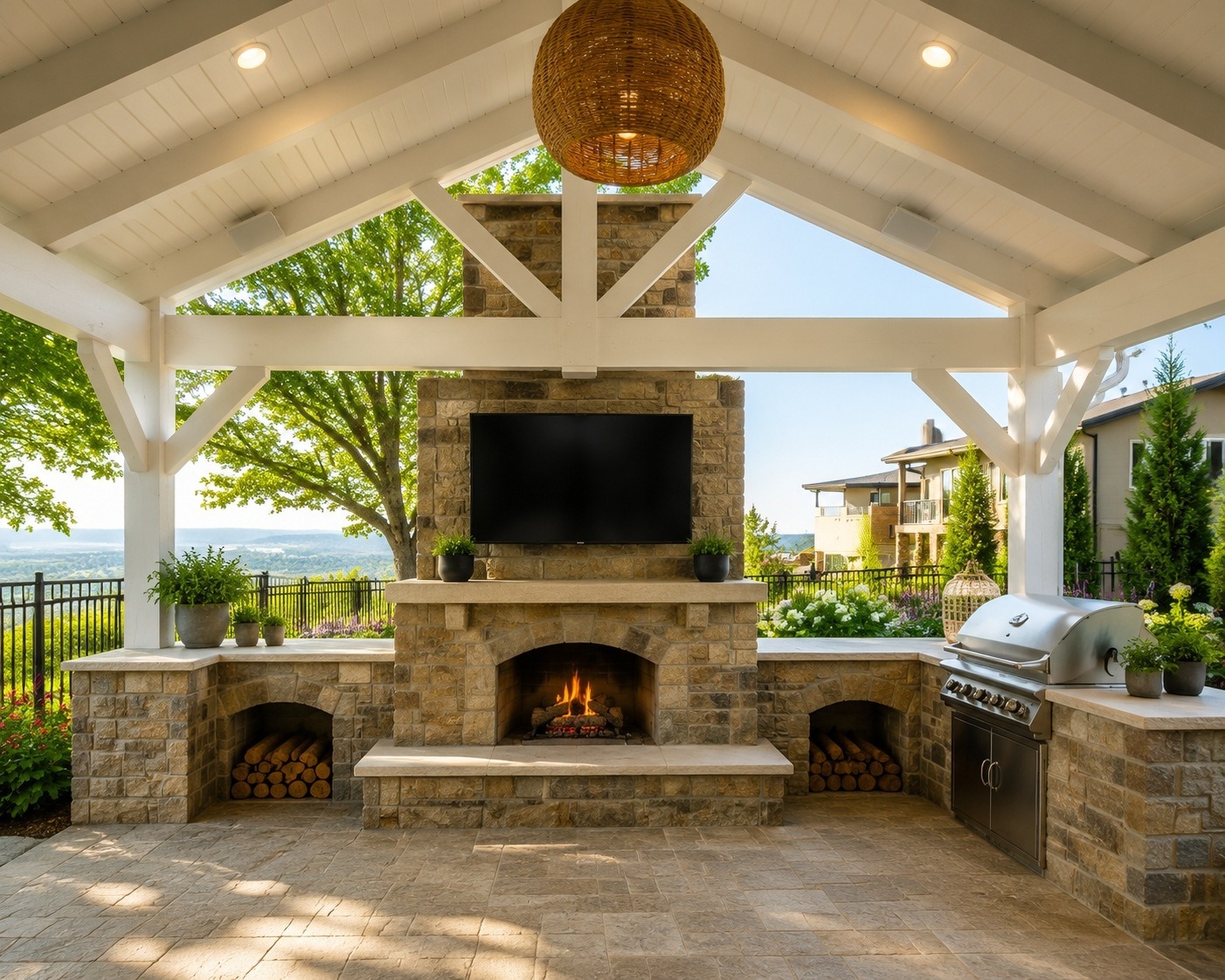 Eagle Mountain backyard pavilion with stone fireplace, outdoor kitchen, and paver patio — Millburn Lawn & Landscape