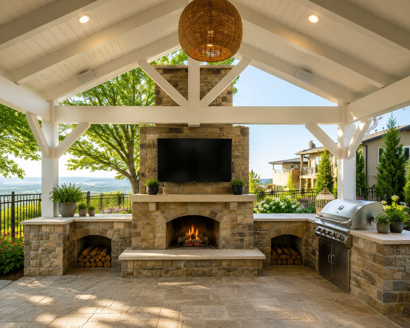 Luxury covered patio with a custom outdoor fireplace, built-in outdoor kitchen, stone masonry, and vaulted pavilion in a professionally landscaped backyard in Bountiful, Utah.