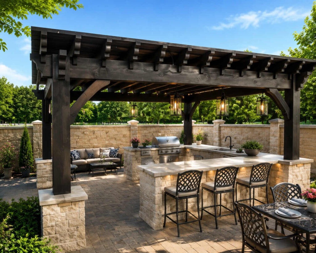 Luxury custom pergola with an outdoor kitchen, stone countertops, paver patio, and built-in seating in a professionally landscaped backyard in Lehi, Utah.