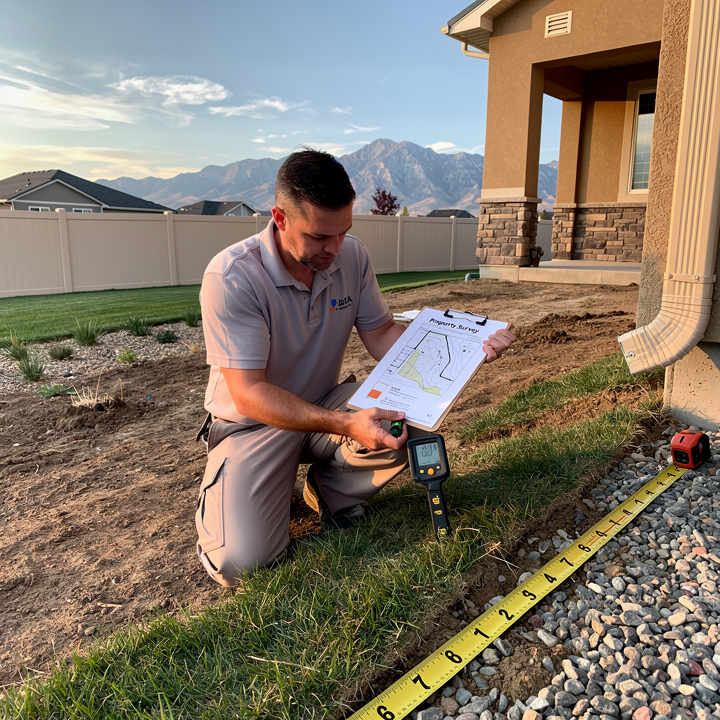 A landscape designer conducting a site assessment and grading review at a Herriman Utah property before landscape installation, preventing hidden costs