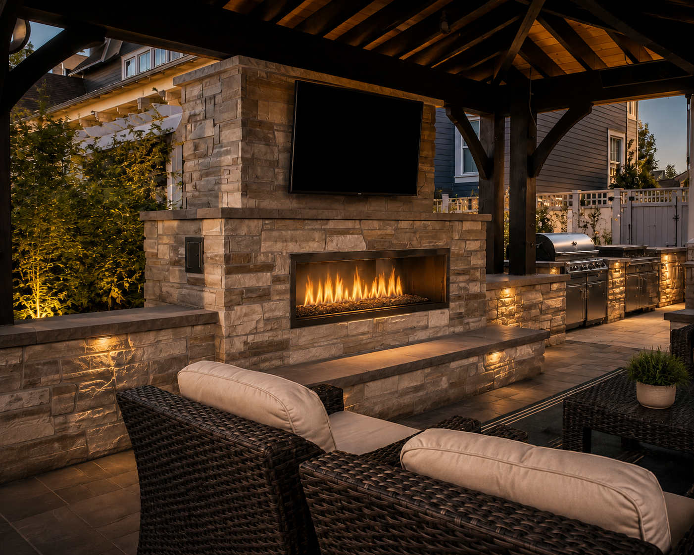 Luxury Utah backyard at sunset with built-in stone fire pit terrace, illuminated retaining walls, sports court, and Wasatch Mountain views — Millburn Lawn & Landscape